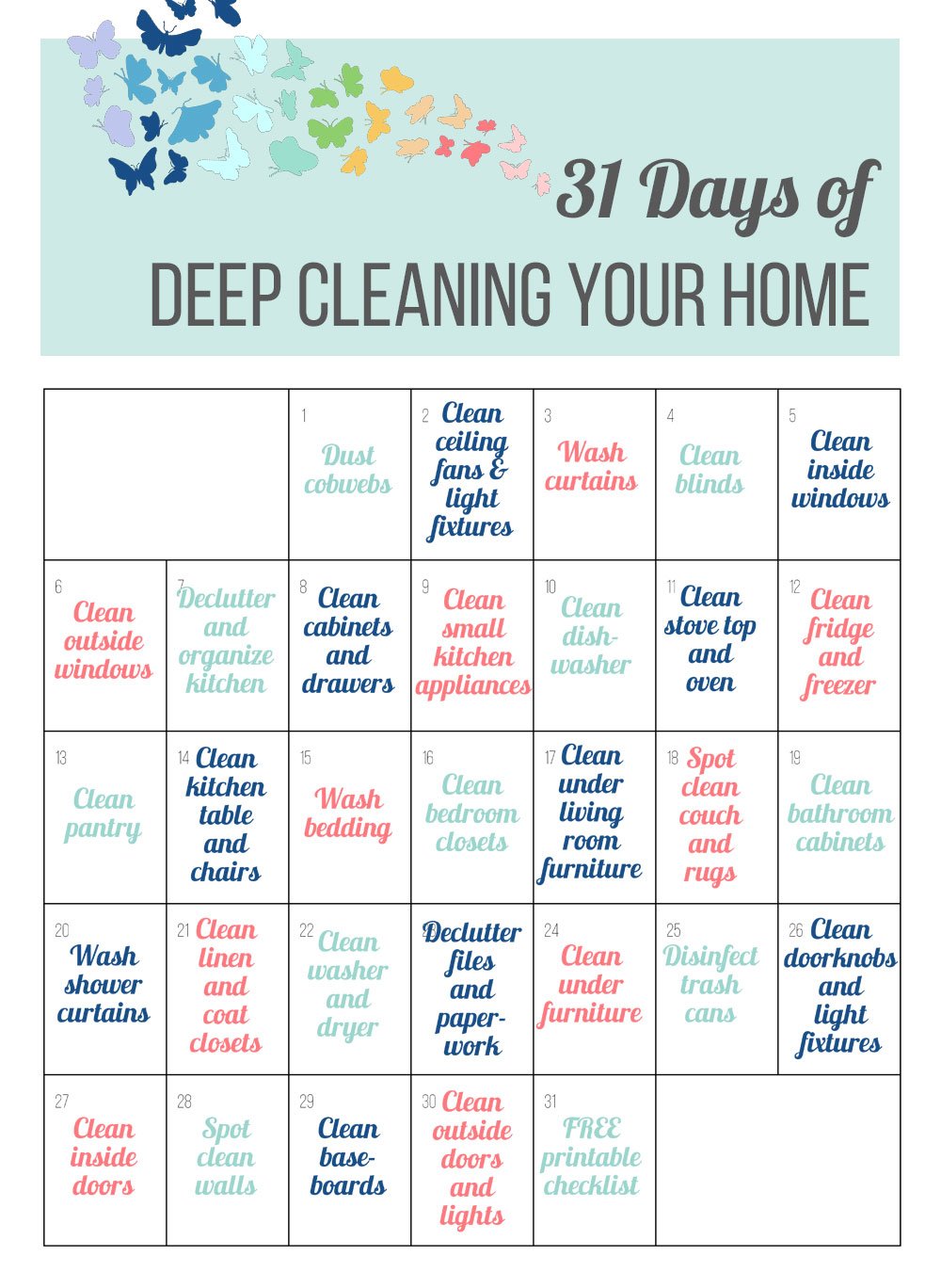 31 days deep cleaning home calendar