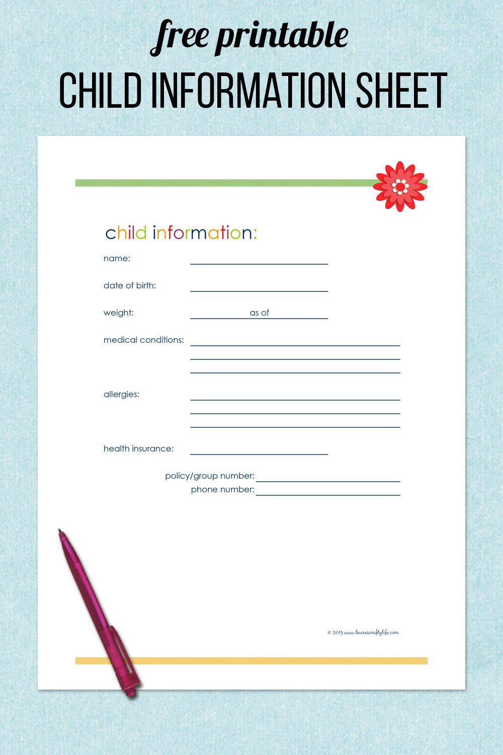 free printable child information sheet