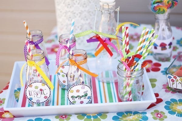 Fairy Party Printables to decorate milk jug glasses