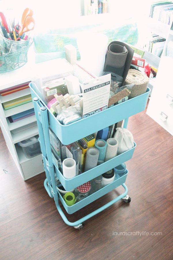 Rolling cart in craft room for storage