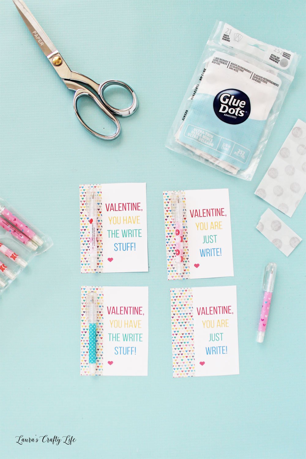 Attach pens to printable Valentine cards