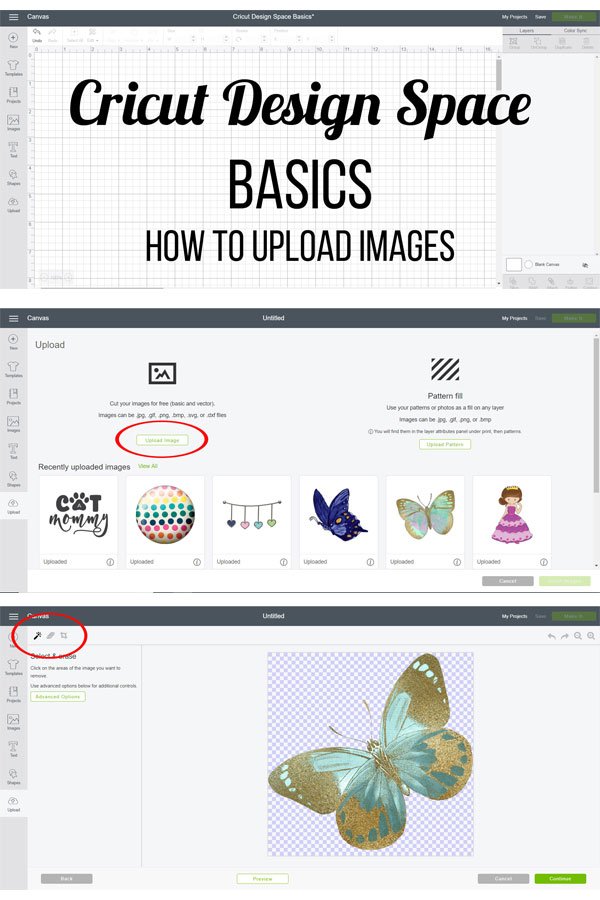 Cricut Design Space Basics - How to upload images. How to upload your own images, SVGs, and patterns to Design Space. #laurascraftylife #cricut #cricutmade #cricutdesignspacebasics