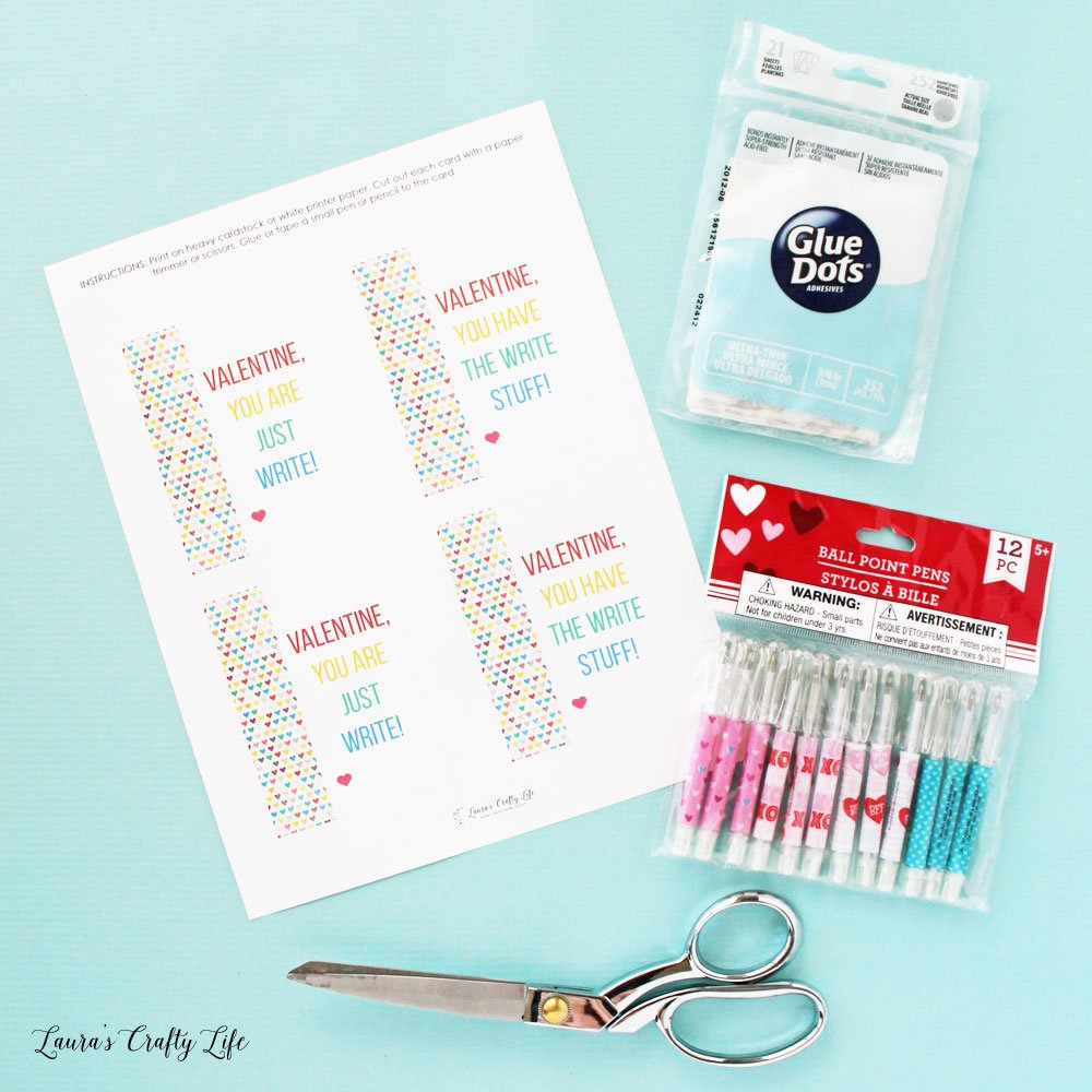 Supplies for free printable pen Valentines