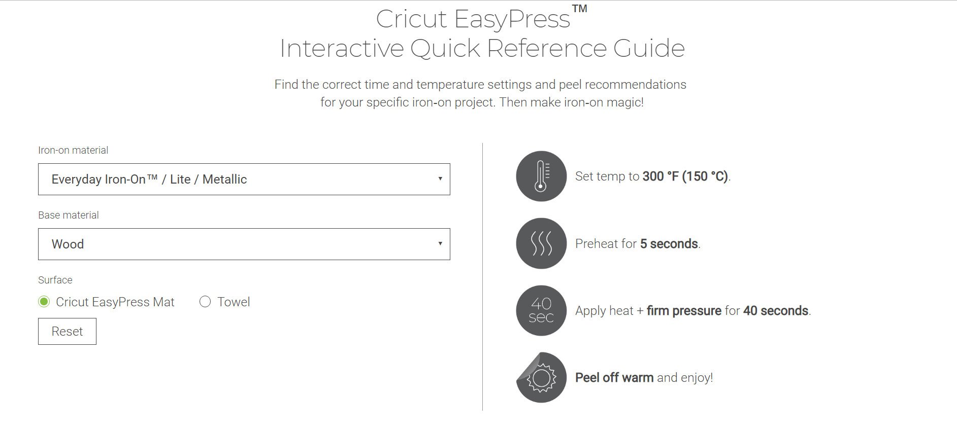 Cricut EasyPress 2 interactive guide with drop-down menu