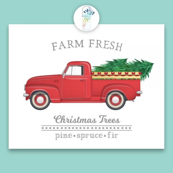 red vintage truck farm fresh christmas trees digital printable
